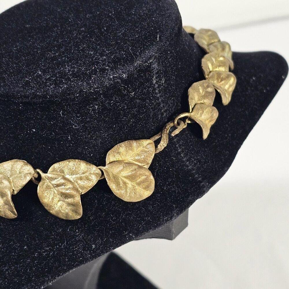 Vintage Double Row Leaf Necklace Gold Tone Mid-Century Designer 17" - Picture 5 of 8